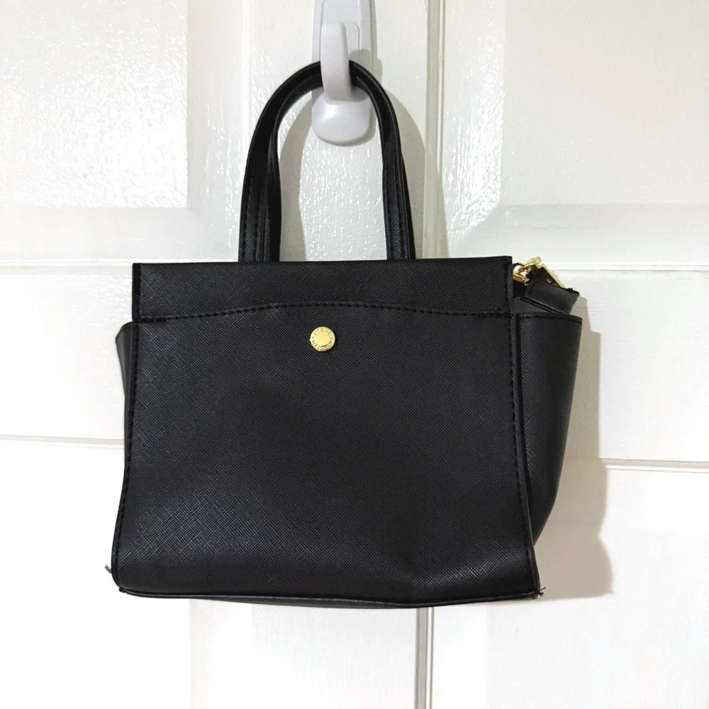 Steve Madden Black Saffiano Mini Satchel Handbag Gold Hardware Trapezoid Bag
